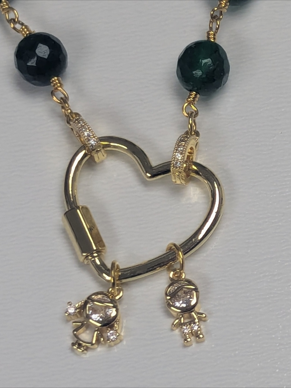 Emerald Green Jade Heart Carabiner Necklace 24K Gold Plated 17"+2" Charm Ready - Picture 5 of 7